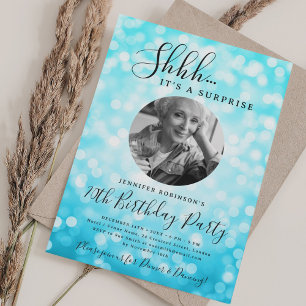 Invitation Photo SURPRISE 70e Anniversaire Bokeh Turquoise