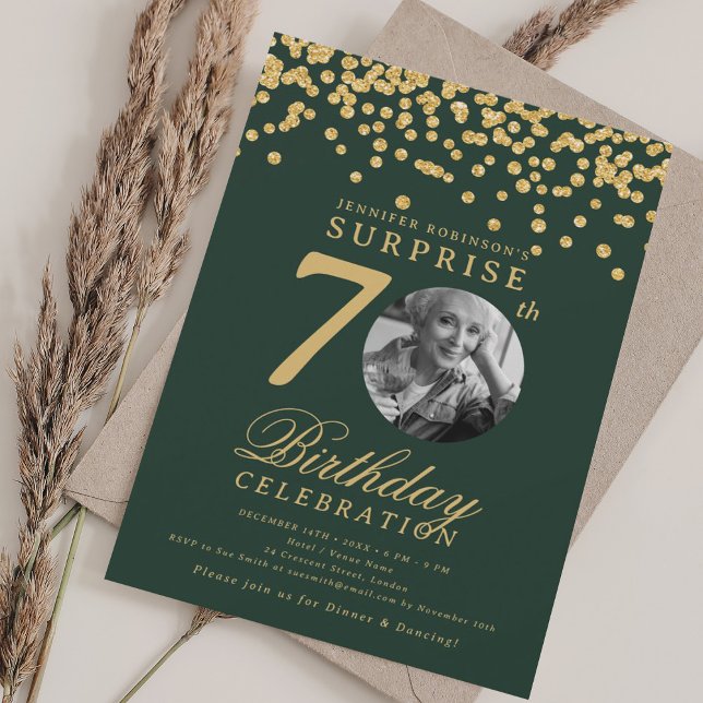 Invitation Photo SURPRISE 70e Anniversaire Confitte Doré Vert (SURPRISE Photo 70th Birthday Gold Confetti Green Invitation)
