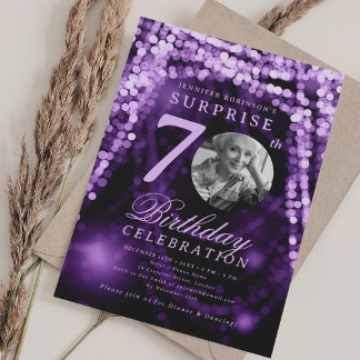 Invitation Photo SURPRISE 70e Anniversaire Lumières Violet Gl