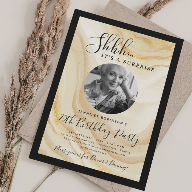 Invitation Photo SURPRISE 70e anniversaire Marbre Or (SURPRISE Photo 70th Birthday Party Gold Marble Invitation)