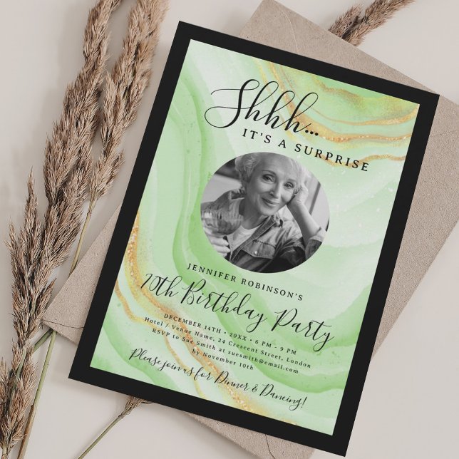 Invitation Photo SURPRISE 70e Anniversaire Marbre Vert  (SURPRISE Photo 70th Birthday Green Marble Invitation)
