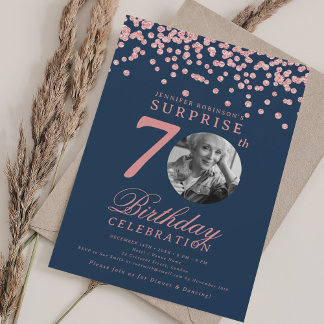 Invitation Photo SURPRISE 70e Anniversaire Rose Gold Bleu Mar