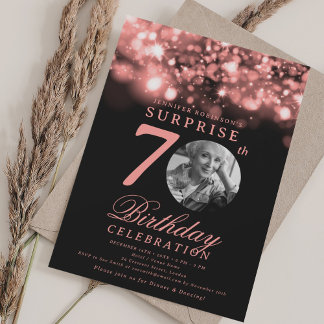 Invitation Photo SURPRISE 70e Anniversaire Rose Gold Minuit