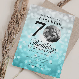 Invitation Photo SURPRISE 70e Anniversaire Teal Argent Bokeh