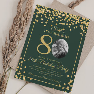 Invitation Photo SURPRISE 80e Anniversaire Confettis Dorés Ve