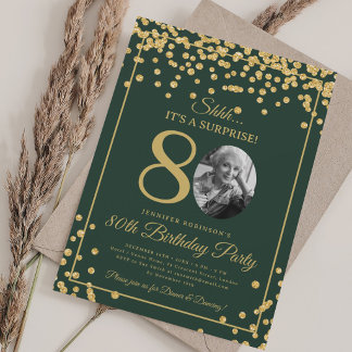 Invitation Photo SURPRISE 80e Anniversaire Confettis Dorés Ve