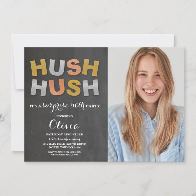 Invitation Photo Surprise Anniversaire Fête Hush Hush Metalli (Devant)