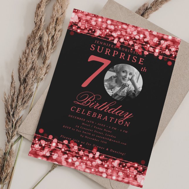 Invitation Photo SURPRISE pour une fête d'anniversaire de 70  (SURPRISE Photo 70th Birthday Party Red Lights Invitation)