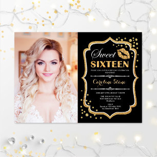 Invitation Photo Sweet 16 Anniversaire - Gold Black Kiss