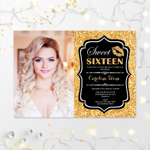 Invitation Photo Sweet 16 Anniversaire - Kiss Gold Black