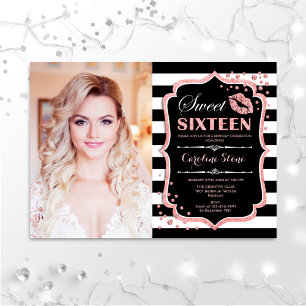 Invitation Photo Sweet 16 Anniversaire - Kiss Rose Gold Black