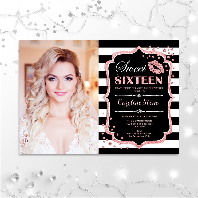 Invitation Photo Sweet 16 Anniversaire - Kiss Rose Gold Black (Créateur téléchargé)
