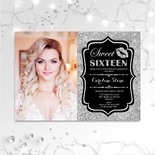 Invitation Photo Sweet 16 Anniversaire - Kiss Silver Black