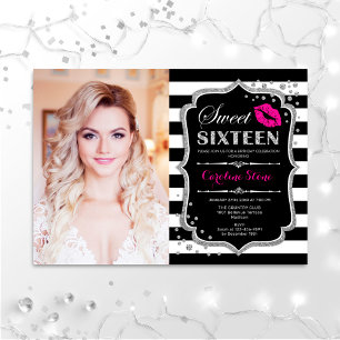Invitation Photo Sweet 16 Anniversaire - Pink Kiss Argent Noi