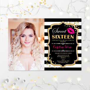 Invitation Photo Sweet 16 Anniversaire - Pink Kiss Gold Noir