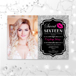 Invitation Photo Sweet 16 Anniversaire Rose Baiser Argent Noi<br><div class="desc">Photo Sweet 16 anniversaire. Baiser rose Noir Argent. Sweet sixteen invitation fête d'anniversaire avec votre photo. Caractéristiques police de script,  lèvres baiser et confetti. Design noir blanc fuchsia rose chaud avec fausse parties scintillant argent. Idéal pour une élégante fête du 16ème anniversaire.</div>