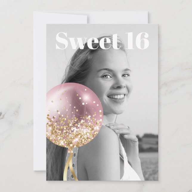 Invitation *~* PHOTO Sweet 16 Balloon Rose Anniversaire AP29 (Devant)