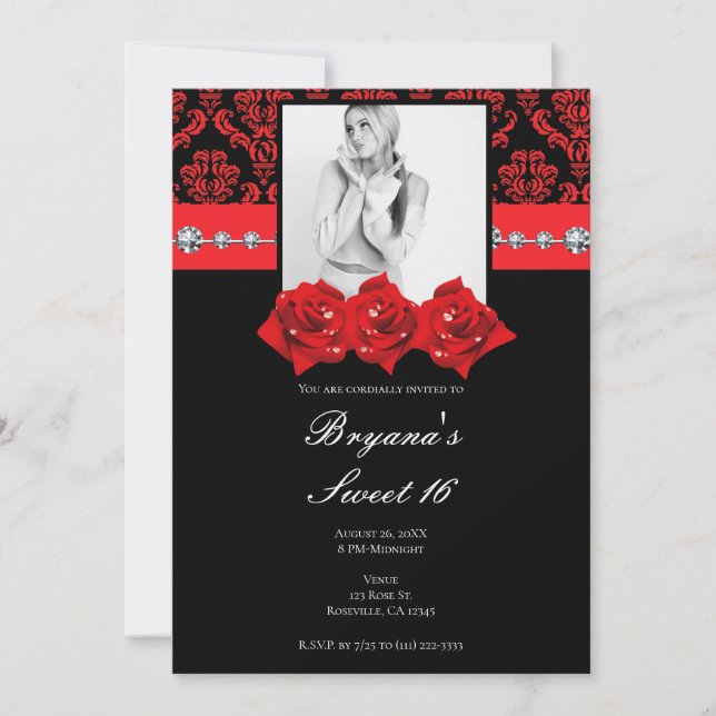 Invitation photo Sweet 16 Damask Roses rouges noir (Devant)