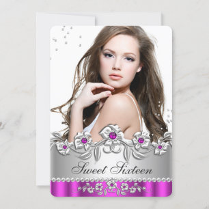 Invitation Photo Sweet 16 Fushia Argent Diamant Bijou Fête