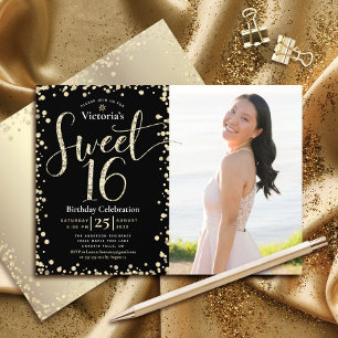 Invitation Photo Sweet 16 Moderne Anniversaire Noir Paillette