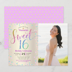 Invitation Photo Sweet 16 Rainbow Parties scintillant Gold Fo