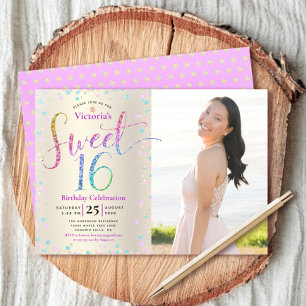 Invitation Photo Sweet 16 Rainbow Parties scintillant Gold Fo
