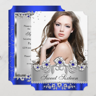 Invitation Photo Sweet 16 Royal Blue Diamant Argent Bijou