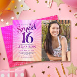 Invitation Photo Sweet 16 Super rose orange dégradé rétro<br><div class="desc">"Joyeux 16 Anniversaire". Envoyez cette cool boho retro, invitation personnalisée de fête photo pour un événement à se souvenir. Sur le côté gauche, une typographie marrante, tendance, audacieuse, rose brun et violette avec une typographie sans serif moderne superpose un arrière - plan de pop orange et rose sombre rayonnements avec...</div>