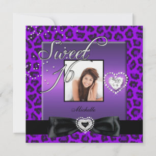 Invitation Photo Sweet 16 Sweet sixteen violet Léopard noir