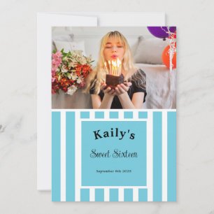Invitation Photo Sweet Sixteen Rayure Bleue
