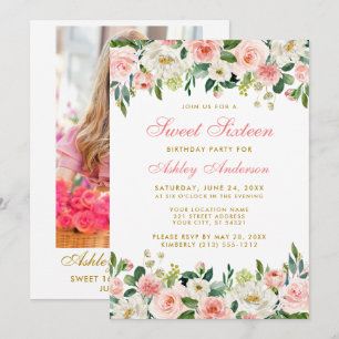 Invitation Photo sweet sixteen rose bleu flou or