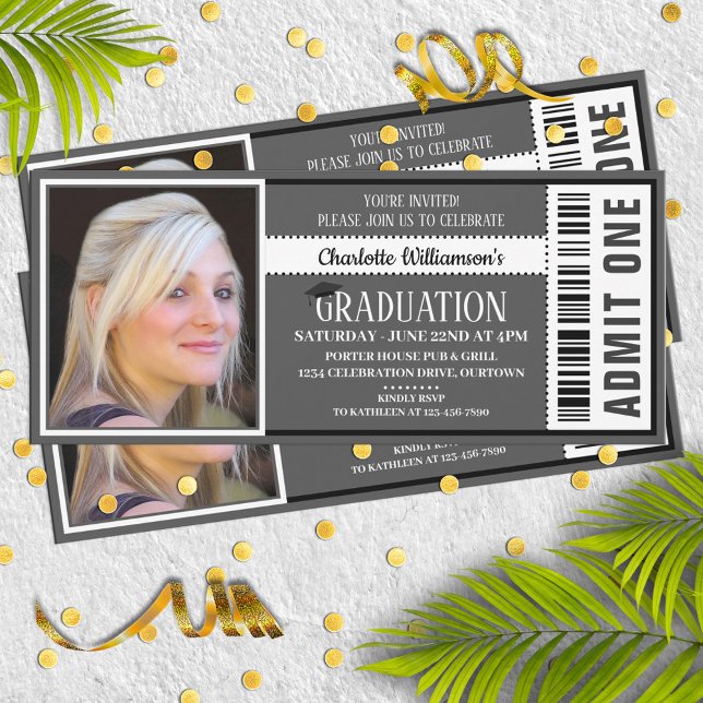 Invitation Photo Ticket de remise de diplôme noir|blanc Fête (Créateur téléchargé)