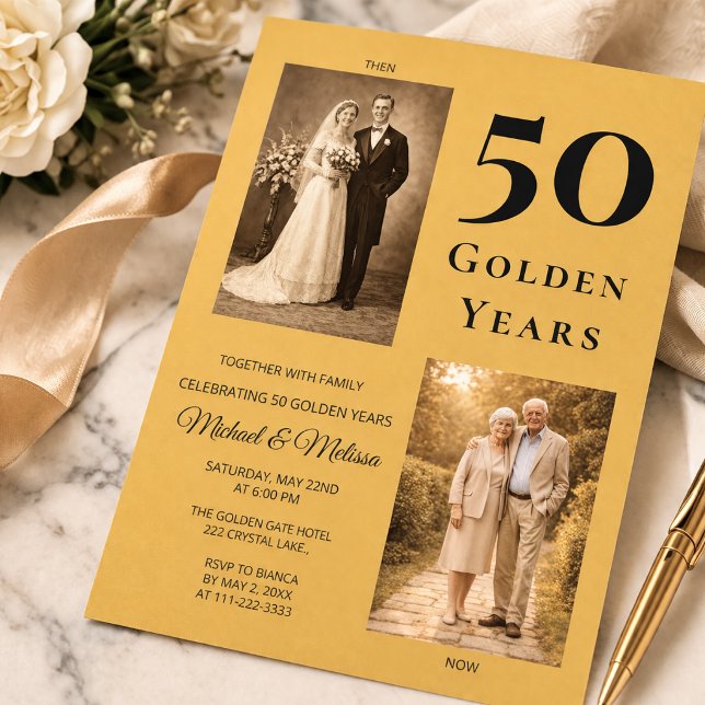 Invitation Photo Timeline Anniversaire Doré Élégant (Elegant 50th anniversary invitation with timeless then and now photo design)
