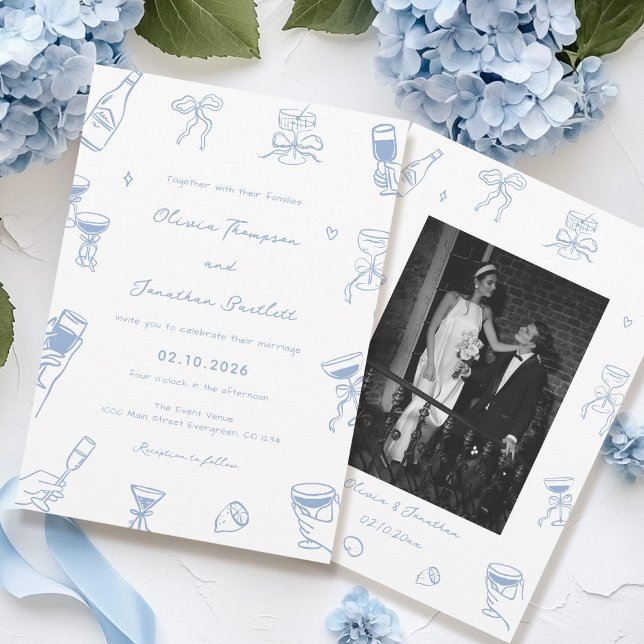 Invitation Photo tirée à la main Dusty Blue Mariage (Créateur téléchargé)