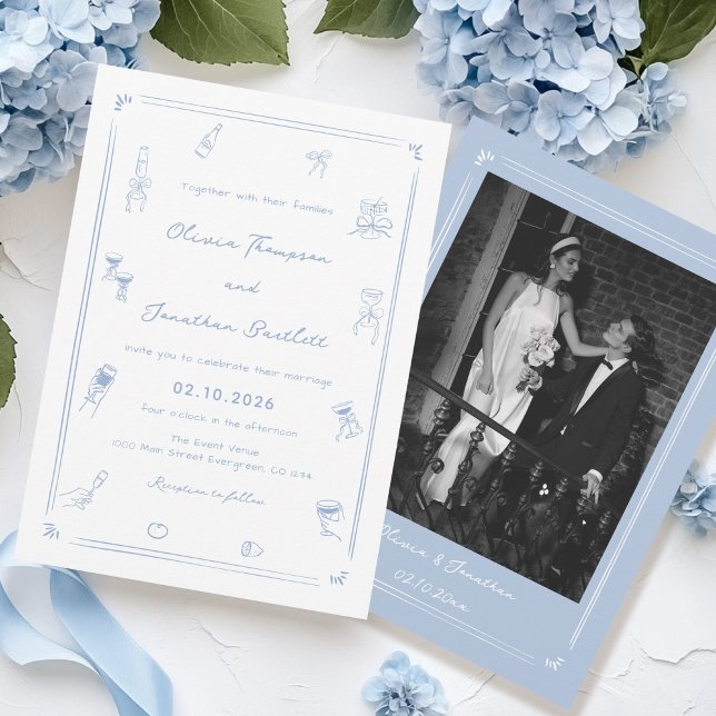 Invitation Photo tirée à la main Mariage blanc et bleu foncé (Créateur téléchargé)