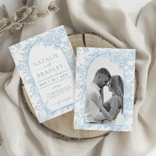 Invitation Photo Toile de France Mariage Floral bleu et blanc