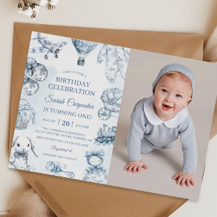 Invitation Photo Toile De Jouy Blue Anniversaire