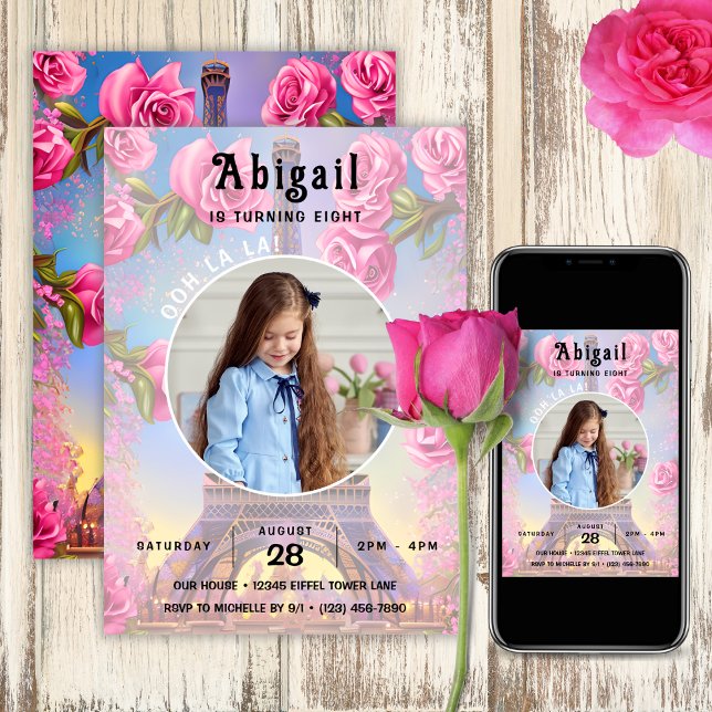 Invitation Photo Tour Eiffel Roses roses roses Chic Anniversa (Photo Eiffel Tower Pink Roses Chic French Birthday Invitation)