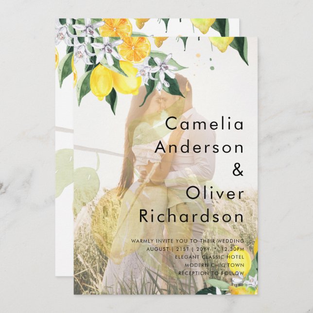 Invitation PHOTO TOUT-EN-1 OVERLAY Mariage de citrons Inviter (Devant / Derrière)