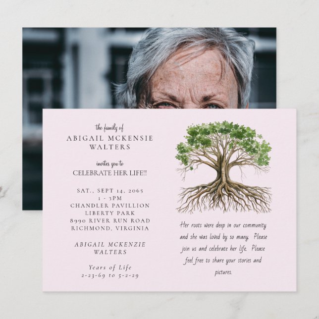 Invitation Photo Tree Deep Roots Pink Celebration of LIfe (Devant / Derrière)
