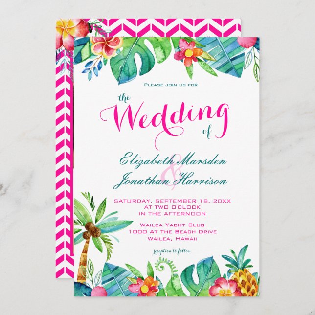 Invitation Photo Tropical Berry Pink Turquoise Floral Mariage (Devant / Derrière)