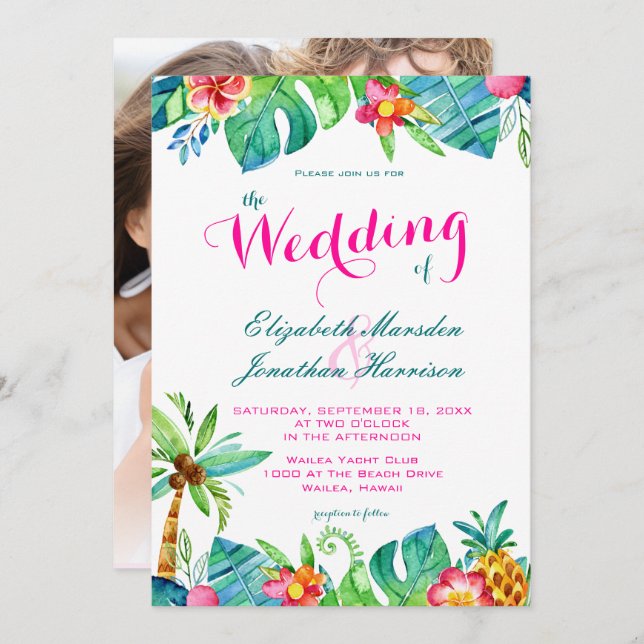 Invitation Photo Tropical Pink Turquoise Floral Chevron Maria (Devant / Derrière)