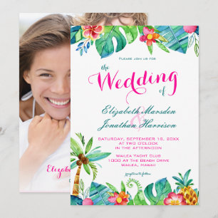 Invitation Photo Tropical Pink Turquoise Floral Chevron Maria