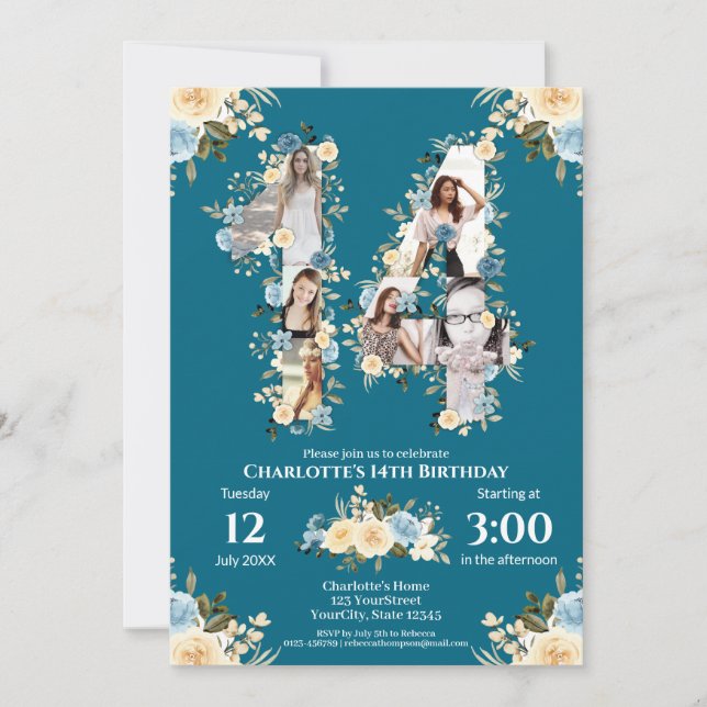 Invitation Photo turquoise 14e anniversaire Collage Fleur Jau (Devant)