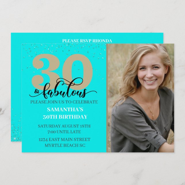 Invitation Photo Turquoise 30 et Fabulous Birthday Party (Devant / Derrière)