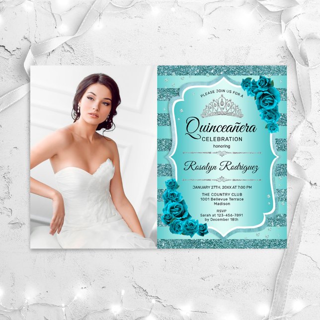 Invitation Photo turquoise Elegant Quinceanera (Créateur téléchargé)