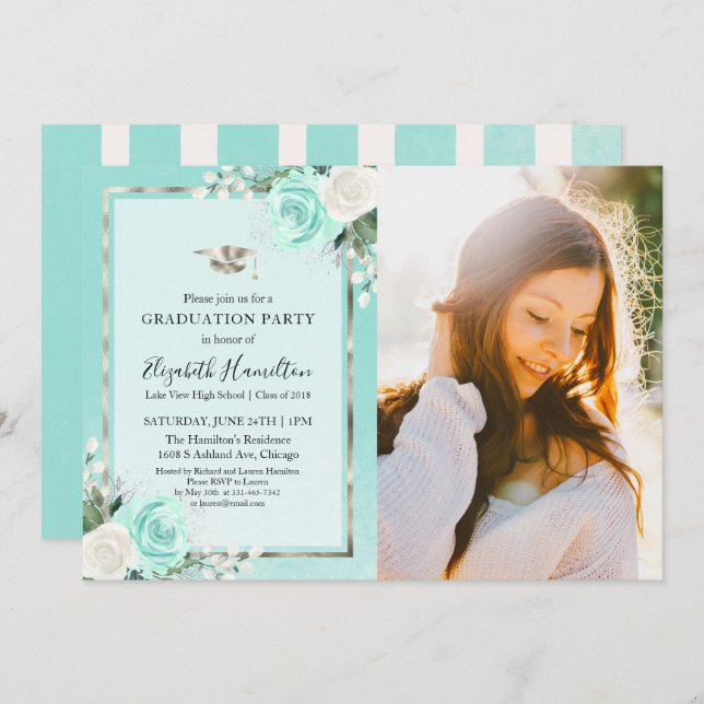 Invitation Photo turquoise & Foil Silver Floral Graduation Pa (Devant / Derrière)