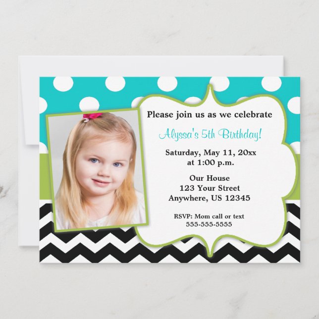 Invitation photo Turquoise Green Black Chevron (Devant)