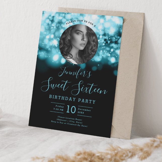 Invitation PHOTO Turquoise Hollywood Lights Sweet 16 Party (PHOTO Turquoise Hollywood Lights Sweet 16 Party Invitation)