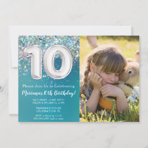 Invitation Photo Turquoise Parties scintillant d'argent 10e a
